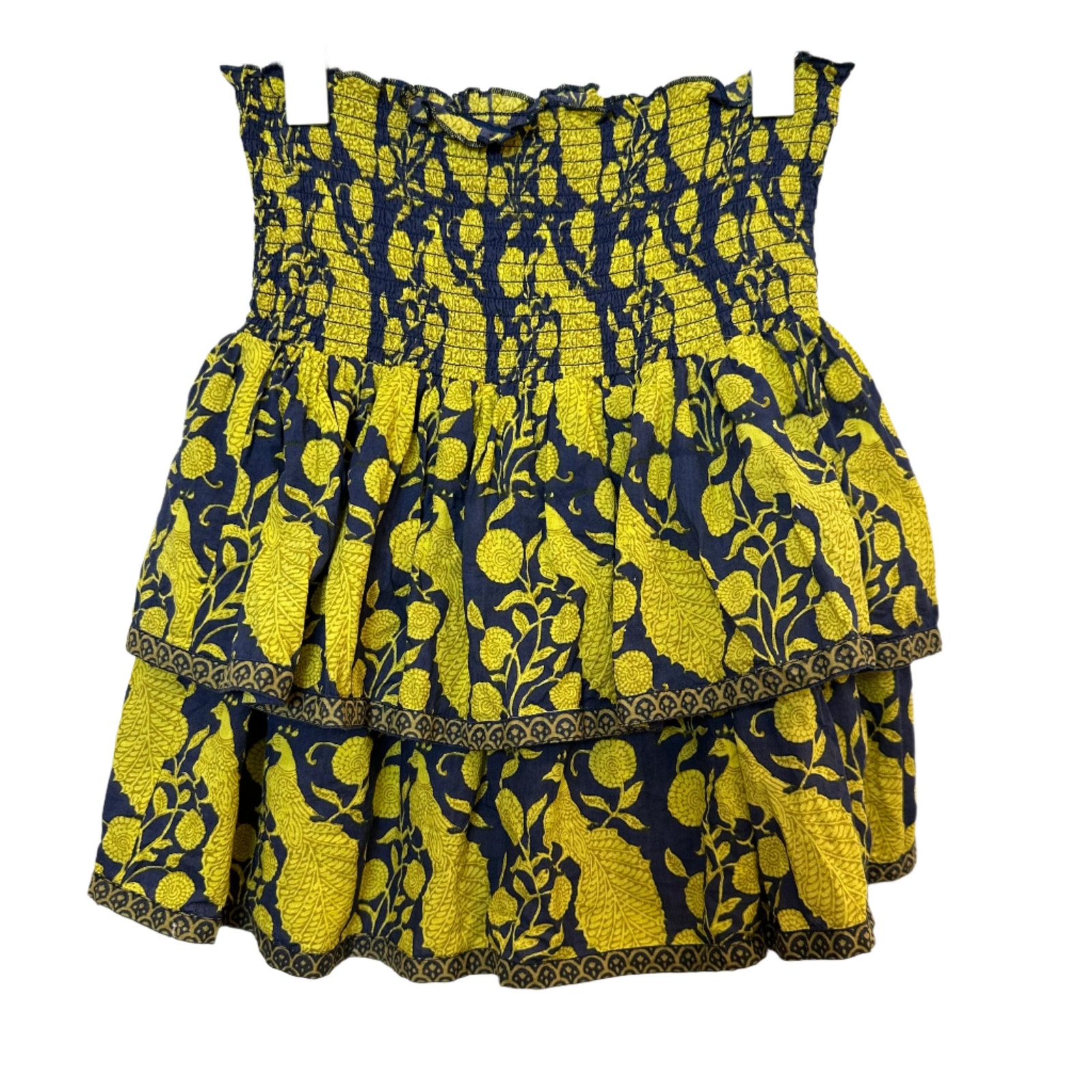La Plage Mini Skirt Smocked Tiered Cotton Navy Blue Bird Floral Pull On Xs